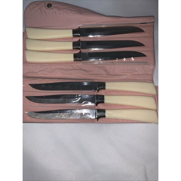 Vintage WASHINGTON FORGE 6 Steak Knife Set Stainless Butterscotch - Picture 3 of 9